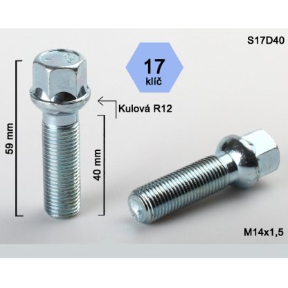 Kolový šroub M14x1,5x40 kulová R12, klíč 17 (S17D40R12) výška 59mm