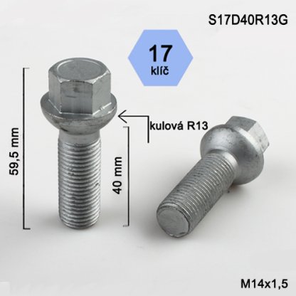 Kolový šroub M14x1,5x40 kulová R13, klíč 17 (S17D40R13G) výška 59,5mm