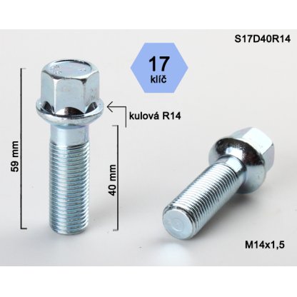 Kolový šroub M14x1,5x40 kulová R14, klíč 17 (S17D40R14) výška 59mm