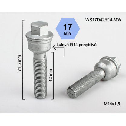 Kolový šroub M14x1,5x42 kulová R14 pohyblivá, klíč 17 (WS17D42R14-MW)(BPP1/S) výška 71,5mm