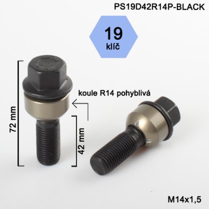 Kolový šroub M14x1,5x42 kulová R14 pohyblivá,klíč 19 (PS19D42R14P-BLACK) černý, výška 72mm