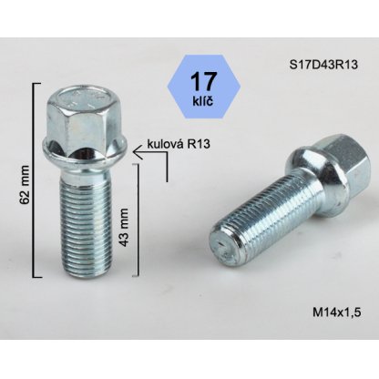 Kolový šroub M14x1,5x43 kulová R13, klíč 17 (S17D43R13) výška 62mm