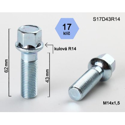 Kolový šroub M14x1,5x43 kulová R14, klíč 17 (S17D43R14) výška 62mm