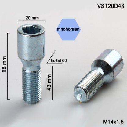 Kolový šroub M14x1,5x43 kužel s vnitřním mnohohranem (VST20D43) prům.hlavy 20mm, výška 68