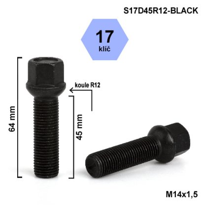 Kolový šroub M14x1,5x45 kulová R12, klíč 17 (S17D45R12-BLACK) černý, výška 64mm