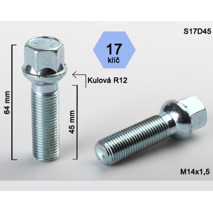 Kolový šroub M14x1,5x45 kulová R12, klíč 17 (S17D45R12) výška 64mm