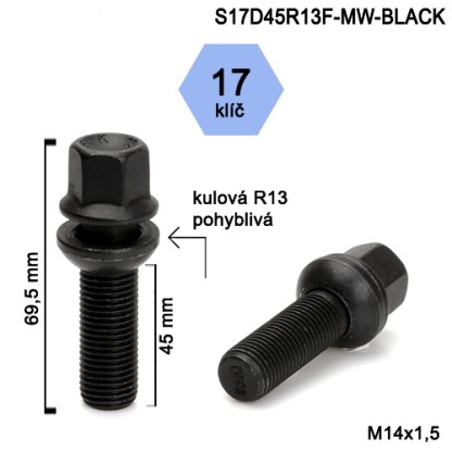 Kolový šroub M14x1,5x45 kulová R13 pohyblivá, klíč 17 (S17D45R13F-MW-BLACK) výška 69,5mm