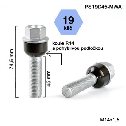 Kolový šroub M14x1,5x45 kulová R14 pohyblivá, klíč 19 (PS19D45-MWA) výška 74,5mm