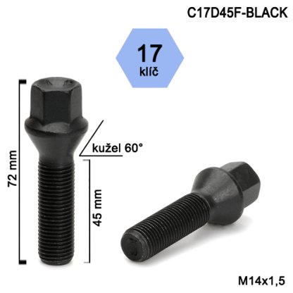 Kolový šroub M14x1,5x45 kužel, klíč 17 (C17D45F-BLACK) černý, výška 72mm