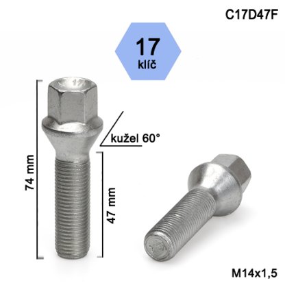 Kolový šroub M14x1,5x47 kužel, klíč 17 (C17D47F)(C7/S) výška 74mm