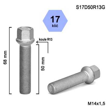 Kolový šroub M14x1,5x50 kulová R13, klíč 17 (S17D50R13G) výška 68mm