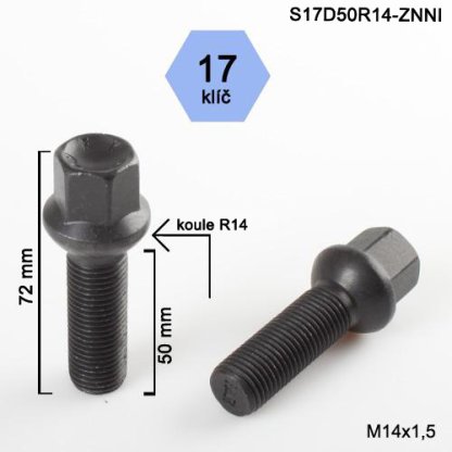 Kolový šroub M14x1,5x50 kulová R14, klíč 17 (S17D50R14F-BLACK)(SZ7M/S BLK) výška 72mm