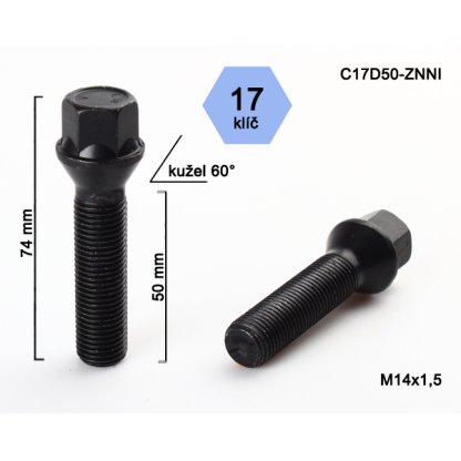 Kolový šroub M14x1,5x50 kužel, klíč 17 (C17D50-BLACK) černý, výška 74mm