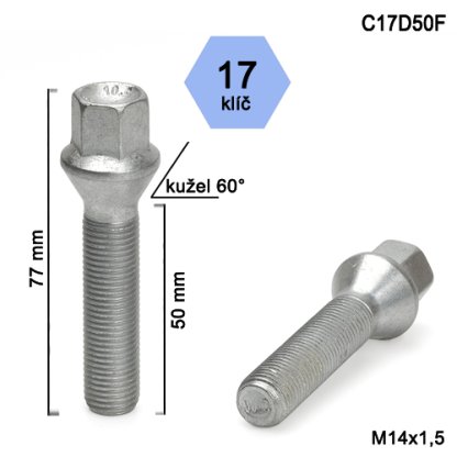 Kolový šroub M14x1,5x50 kužel, klíč 17 (C17D50F) výška 77mm
