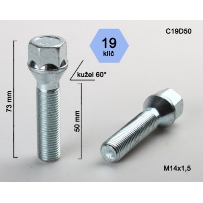 Kolový šroub M14x1,5x50 kužel, klíč 19 (C19D50) výška 73mm