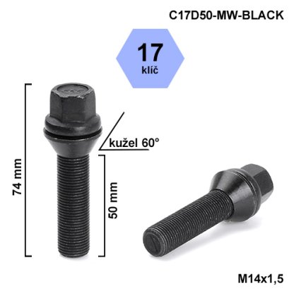 Kolový šroub M14x1,5x50 kužel pohyblivý černý, klíč 17 (C17D50-MW-BLACK) výška 74mm
