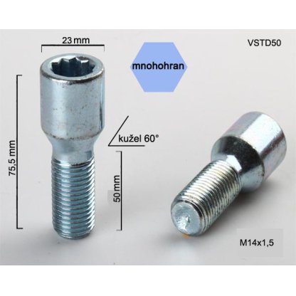 Kolový šroub M14x1,5x50 kužel s vnitřním mnohohranem (VSTD50) průměr 23mm, výška 75,5