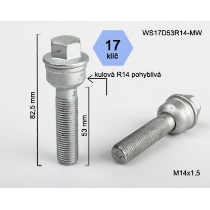 Kolový šroub M14x1,5x53 kulová R14 pohyblivá, klíč 17 (WS17D53R14-MW) výška 82,5mm