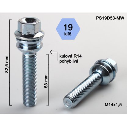 Kolový šroub M14x1,5x53 kulová R14 pohyblivá, klíč 19 (PS19D53R14-MW) výška 82,5mm