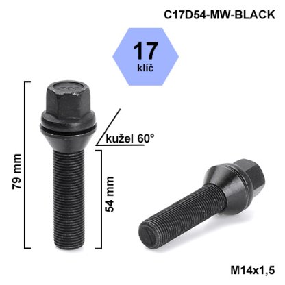 Kolový šroub M14x1,5x54 kužel pohyblivý černý, klíč 17 (C17D54-MW-BLACK) výška 79mm
