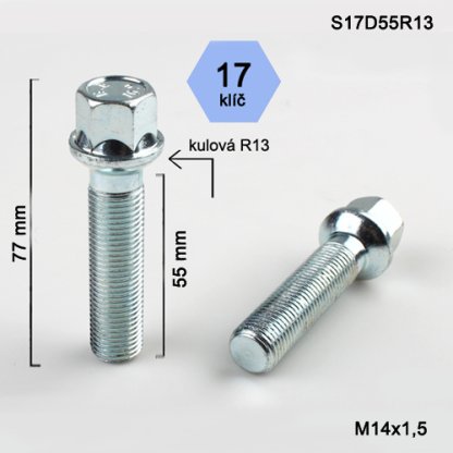 Kolový šroub M14x1,5x55 kulová R13, klíč 17 (S17D55R13) výška 77mm
