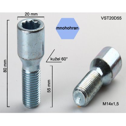 Kolový šroub M14x1,5x55 kužel s vnitřním mnohohranem (VST20D55) prům.hlavy 20mm, výška 80