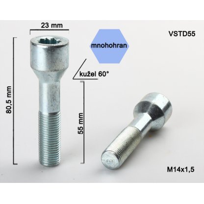 Kolový šroub M14x1,5x55 kužel s vnitřním mnohohranem (VSTD55) průměr 23mm, výška 80,5mm