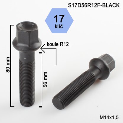 Kolový šroub M14x1,5x56 kkulová R12, klíč 17 (S17D56R12F-BLACK) výška 80mm