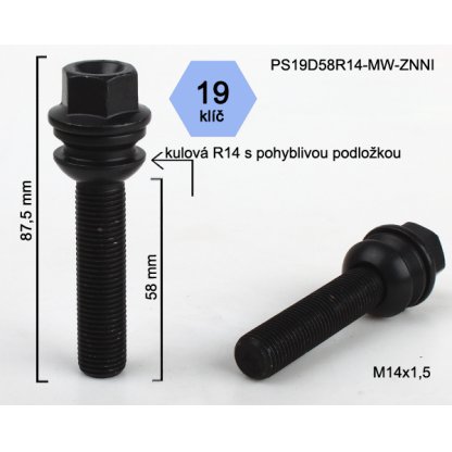 Kolový šroub M14x1,5x58 kulová R14 pohyblivá,klíč 19(PS19D58R14-MW-BLACK) černý,výška 87,5