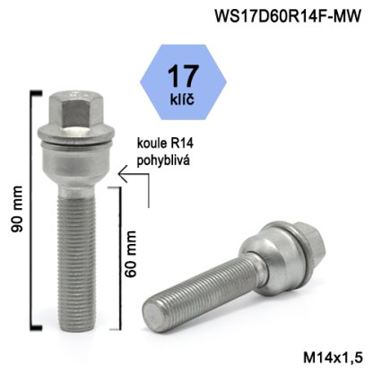 Kolový šroub M14x1,5x60 kulová R14 pohyblivá, klíč 17 (WS17D60R14F-MW) výška 90mm