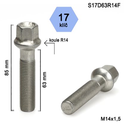 Kolový šroub M14x1,5x63 kulová R14, klíč 17 (S17D63R14F) výška 85mm