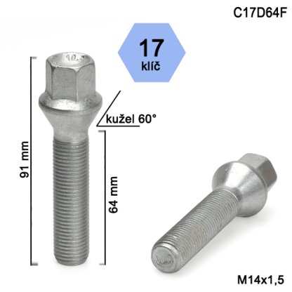 Kolový šroub M14x1,5x64 kužel, klíč 17 (C17D64F) výška 91mm