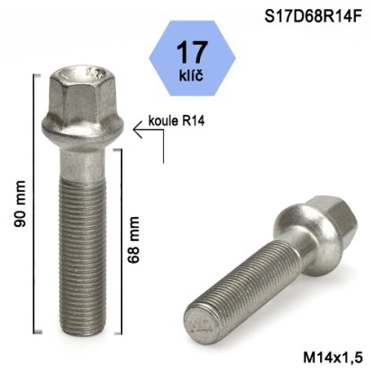 Kolový šroub M14x1,5x68 kulová R14, klíč 17 (S17D68R14F) výška 90mm