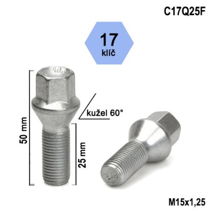 Kolový šroub M15x1,25x25 kužel, klíč 17 (C17Q25F)(PMM3C/S) výška 50mm