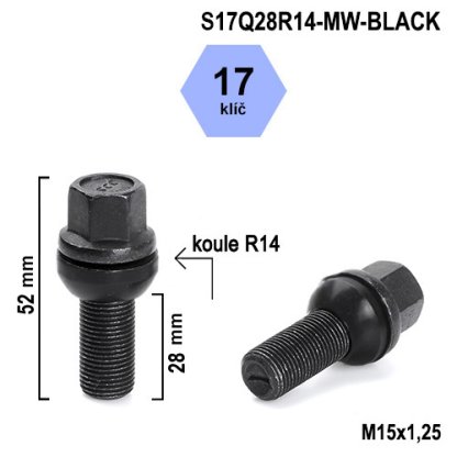 Kolový šroub M15x1,25x28 kulová R14 pohyblivá, klíč 17 (S17Q28R14-MW-BLACK) výška 52mm