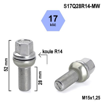 Kolový šroub M15x1,25x28 kulová R14 pohyblivá, klíč 17 (S17Q28R14-MW) výška 52mm