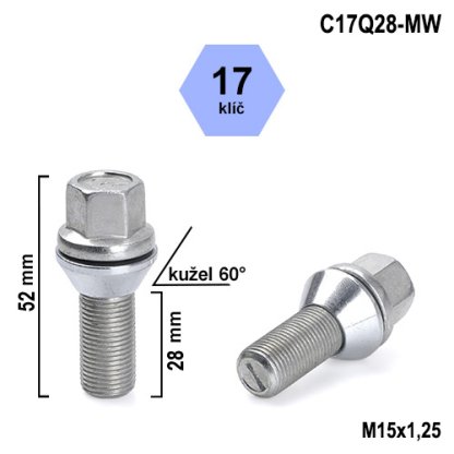 Kolový šroub M15x1,25x28 kužel pohyblivý, klíč 17 (C17Q28-MW) výška 52mm