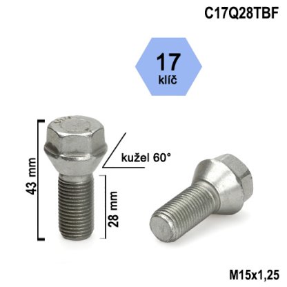 Kolový šroub M15x1,25x28 kužel s krátkou hlavou, klíč 17 (C17Q28TBF) výška 43mm