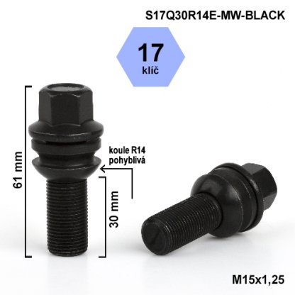 Kolový šroub M15x1,25x30 kulová R14 pohyblivá, klíč 17 (S17Q30R14E-MW-BLACK) výška 61mm