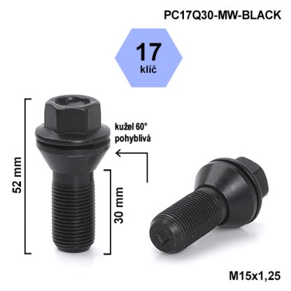 Kolový šroub M15x1,25x30 kužel, klíč 17 (PC17Q30-MW-BLACK) černý, výška 52mm