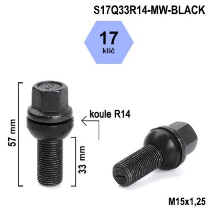 Kolový šroub M15x1,25x33 kulová R14 pohyblivá, klíč 17 (S17Q33R14-MW-BLACK) výška 57mm