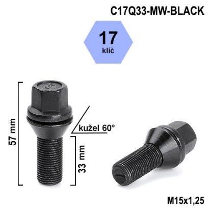 Kolový šroub M15x1,25x33 kužel pohyblivý, černý, klíč 17 (C17Q33-MW-BLACK) výška 57mm
