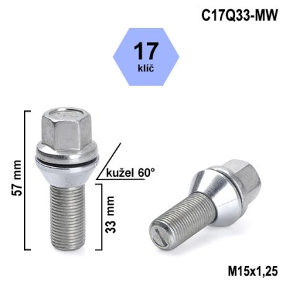 Kolový šroub M15x1,25x33 kužel pohyblivý, klíč 17 (C17Q33-MW) výška 57mm
