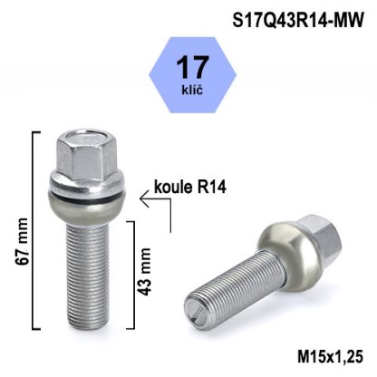 Kolový šroub M15x1,25x43 kulová R14 pohyblivá, klíč 17 (S17Q43R14-MW) výška 67mm