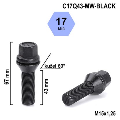 Kolový šroub M15x1,25x43 kužel pohyblivý, černý, klíč 17 (C17Q43-MW-BLACK) výška 67mm