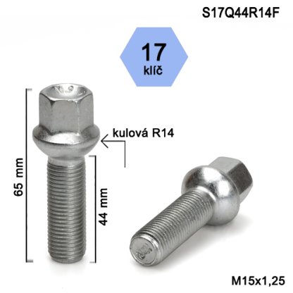 Kolový šroub M15x1,25x44 kulová R14, klíč 17 (S17Q44R14F) výška 65mm