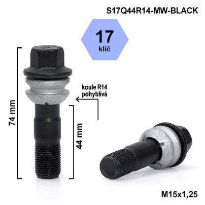 Kolový šroub M15x1,25x44 kulová R14 pohyblivá, klíč 17 (S17Q44R14F-MW-BLACK) výška 74mm