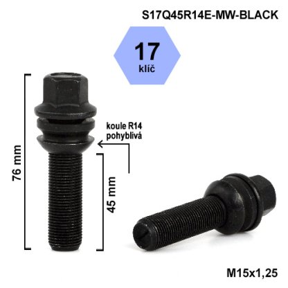Kolový šroub M15x1,25x45 kulová R14 pohyblivá, klíč 17 (S17Q45R14E-MW-BLACK) výška 76mm
