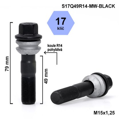 Kolový šroub M15x1,25x49 kulová R14 pohyblivá, klíč 17 (S17Q49R14F-MW-BLACK) výška 79mm