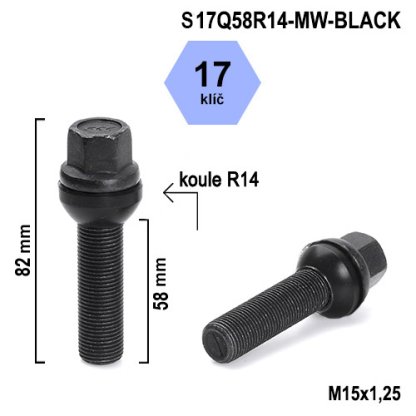 Kolový šroub M15x1,25x58 kulová R14 pohyblivá, klíč 17 (S17Q58R14-MW-BLACK) výška 82mm
